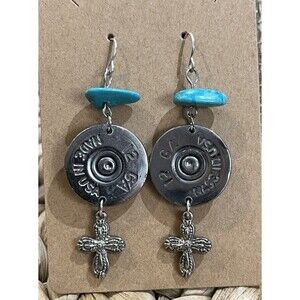12 GA Bullet & Cross Dangle Earrings Stainless Steel & Turquoise Cowgirl Western